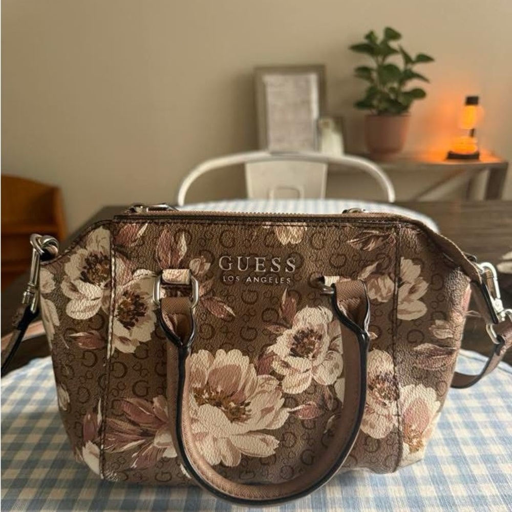 GUESS Brown Floral Print Crossbody Satchel